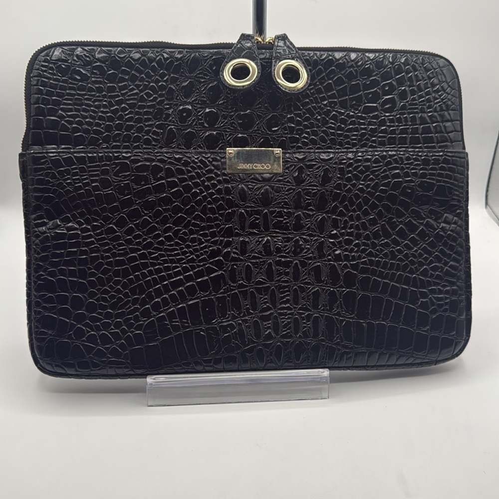 Jimmy Choo Black Croc-Embossed Pouch with Gold Accents EUC 🔥